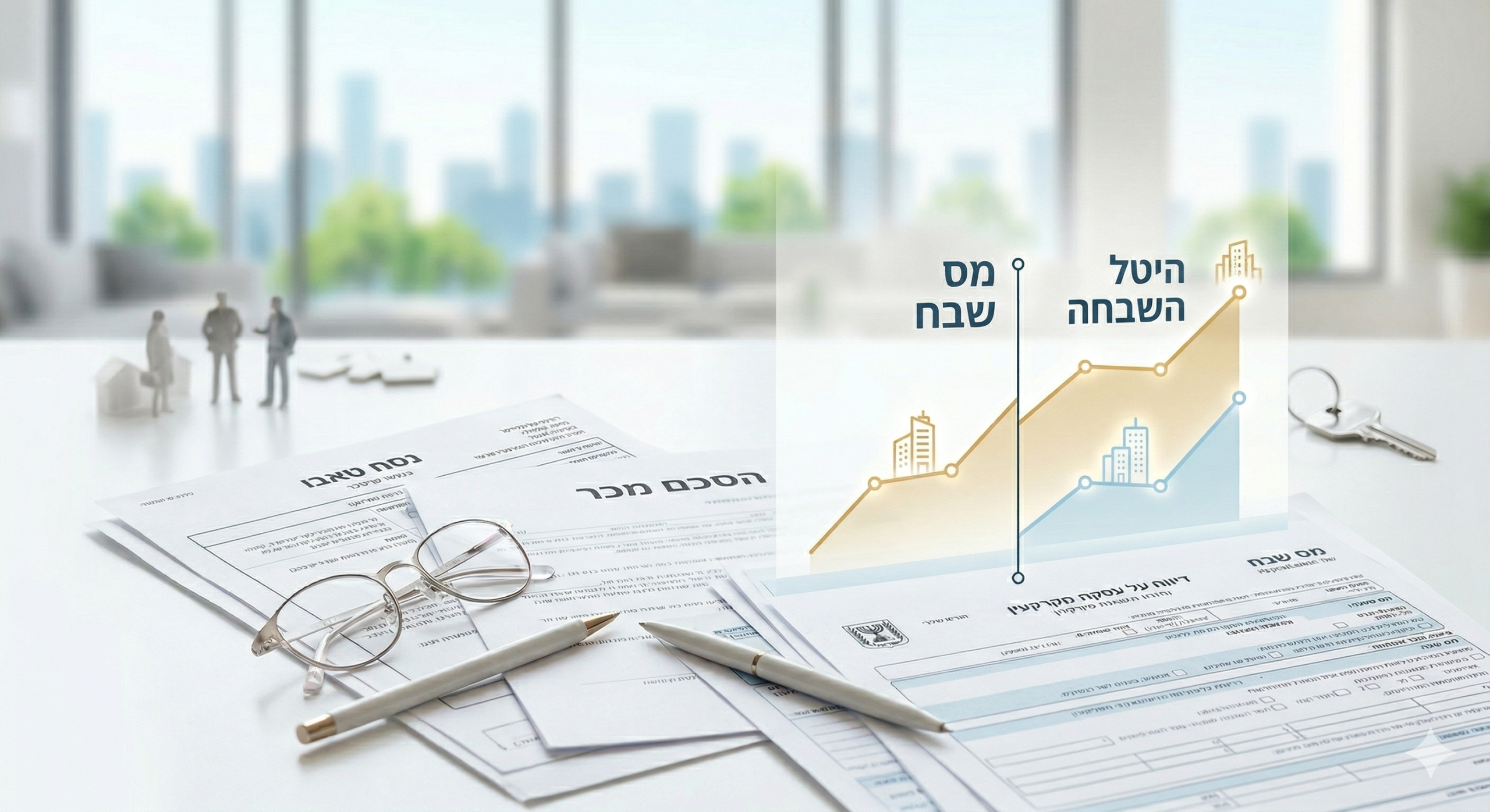 טפסי הסכם מכר ונסח טאבו על שולחן עורך דין עם כיתוב מס שבח והיטל השבחה